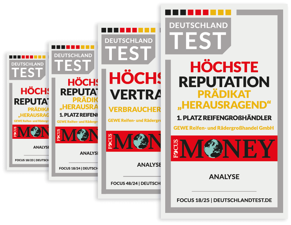 Vier Deutschland Test Auszeichnungen von Focus Money für einen deutschen Reifenhändler, der bei Ruf, Vertrauen und Exzellenz überzeugt