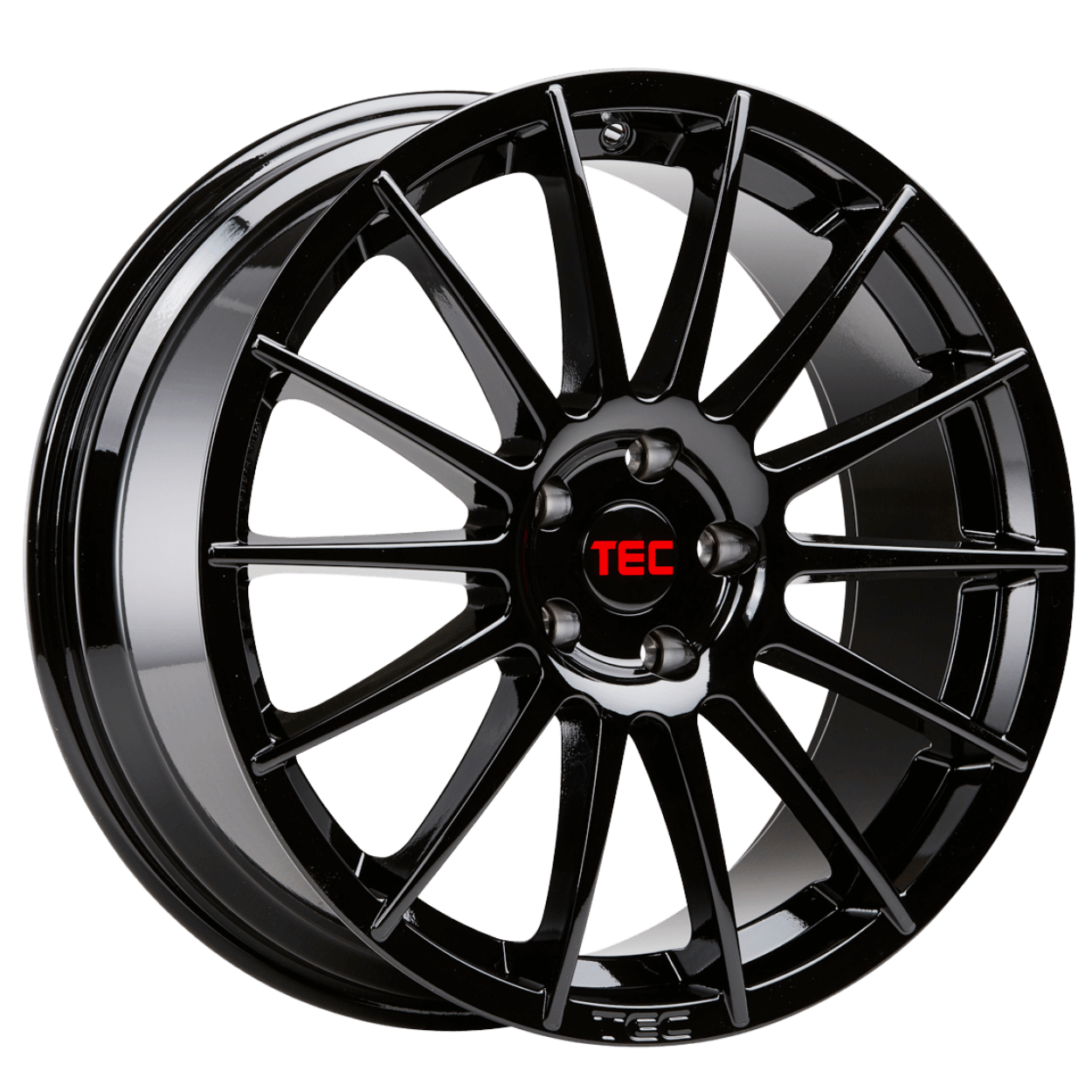 Glänzende schwarze Alufelge mit vielen dünnen Speichen und rotem TEC-Logo in der Mitte, schräg auf weißem Hintergrund dargestellt