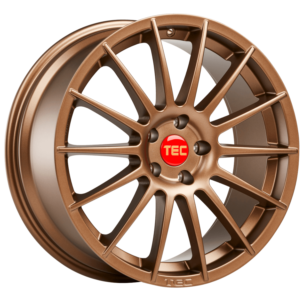 Bronzefarbenes Mehrspeichen-Leichtmetallrad mit roter Nabenabdeckung und TEC-Schriftzug vor weißem Hintergrund