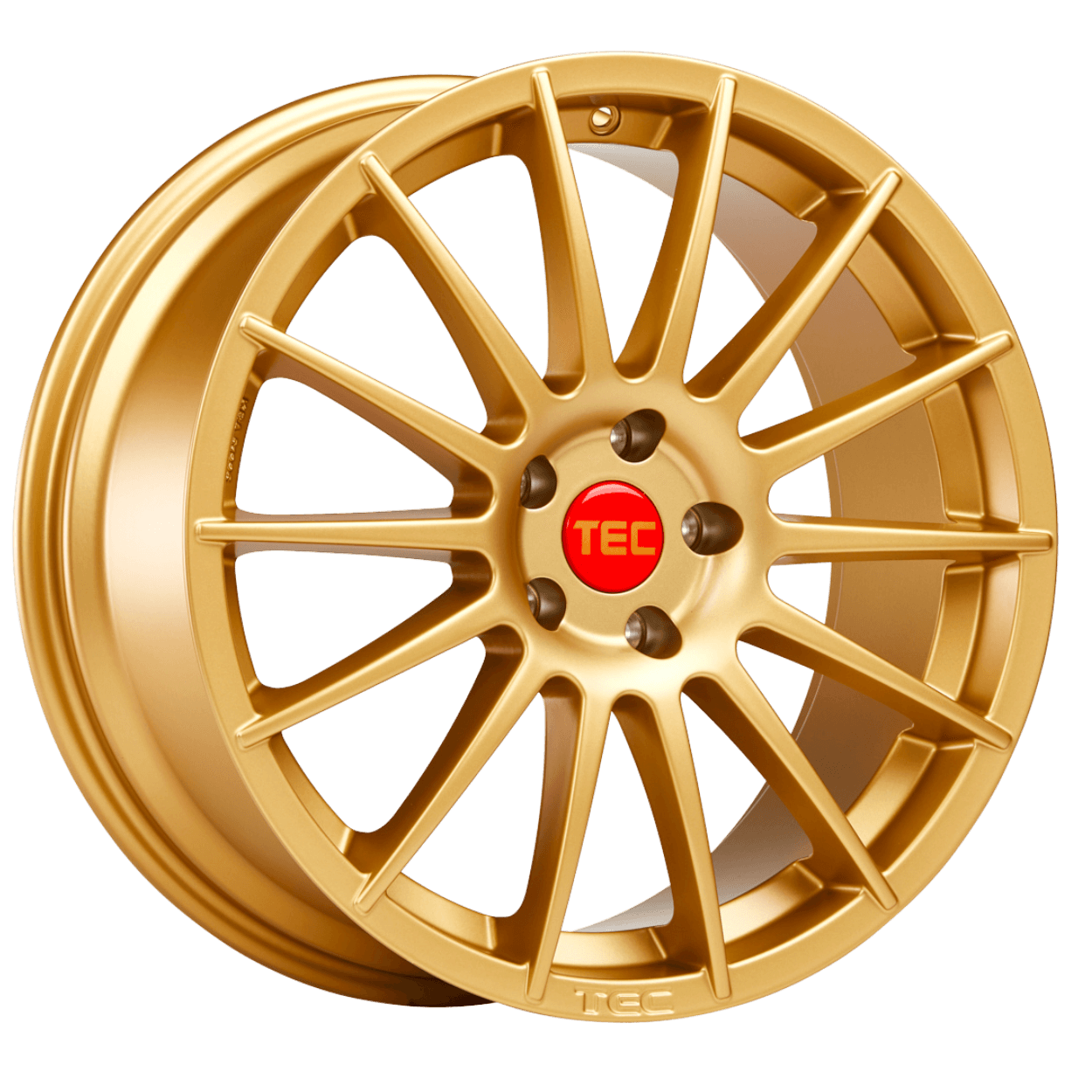 Goldene Alufelge mit vielen dünnen Speichen und roter Nabenkappe mit TEC-Aufschrift vor weißem Hintergrund