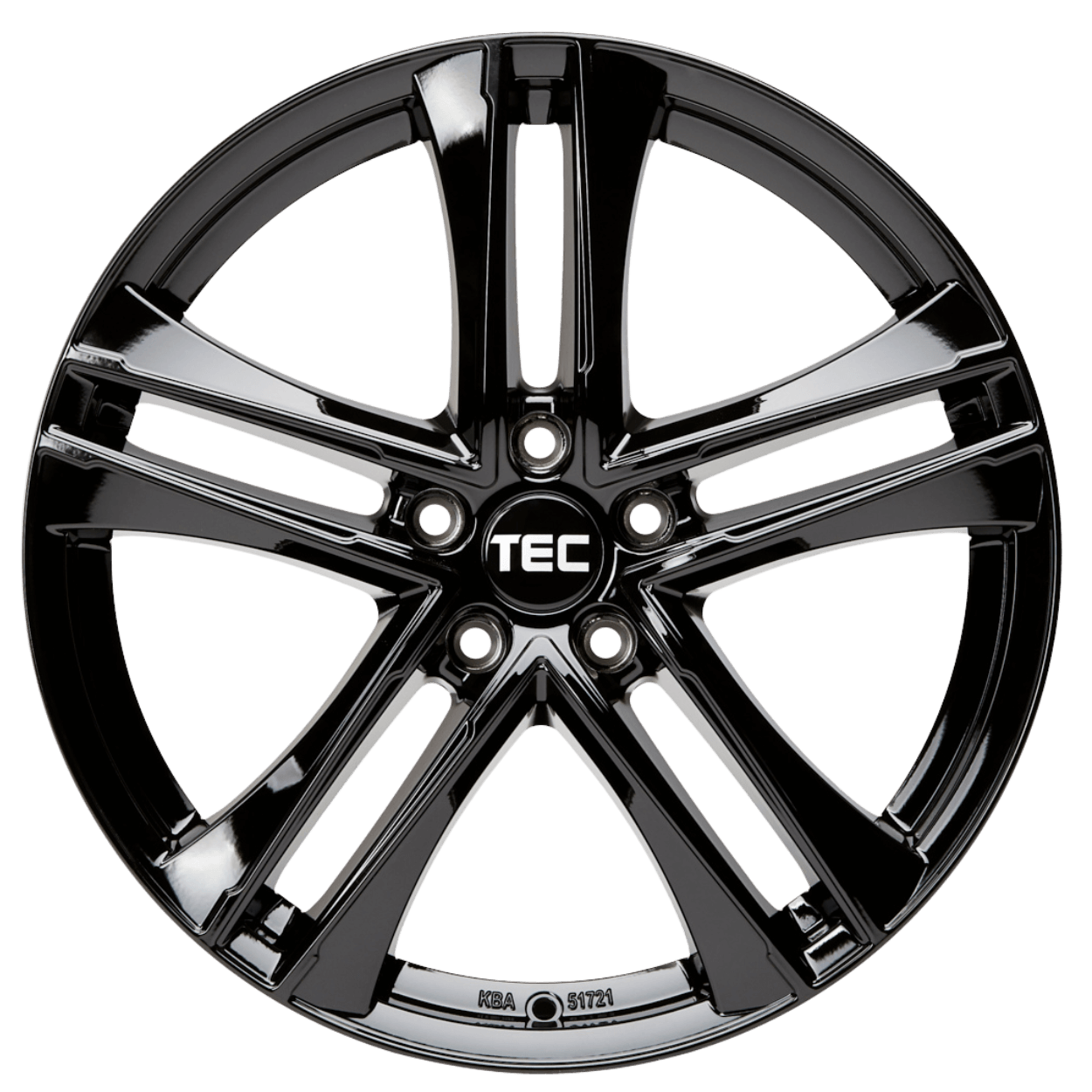 Glänzende schwarze Alufelge mit fünf geteilten Speichen und TEC-Logo in der Mitte vor weißem Hintergrund frontal aufgenommen