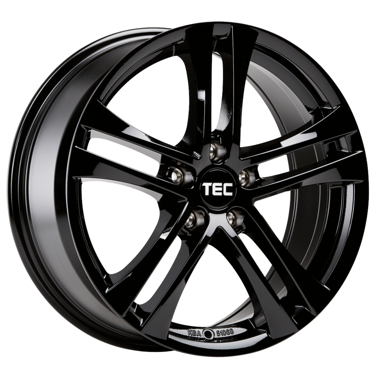 Glänzende schwarze Leichtmetallfelge mit fünf geteilten Speichen und TEC-Logo in der Mitte vor weißem Hintergrund
