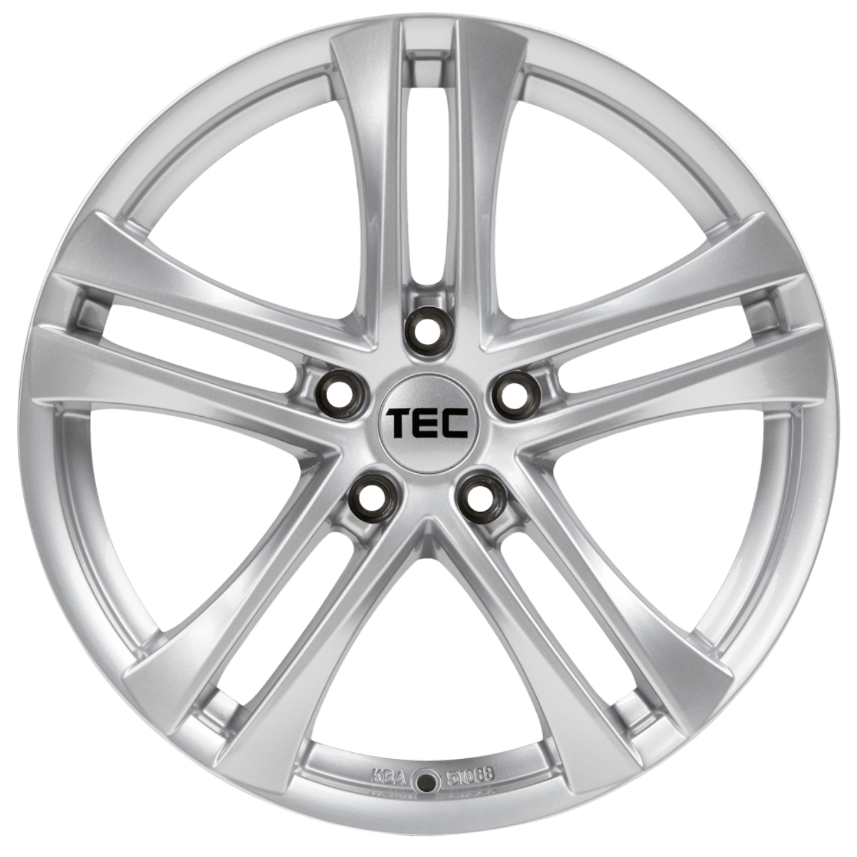 Silberne Autofelge mit fünf Doppelspeichen und TEC-Logo in der Mitte, von oben betrachtet vor weißem Hintergrund