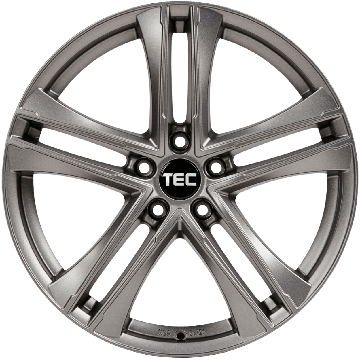 Eine metallisch-silberne Autofelge mit mehrspeichigem Design und einer Mittelkappe mit der Aufschrift TEC