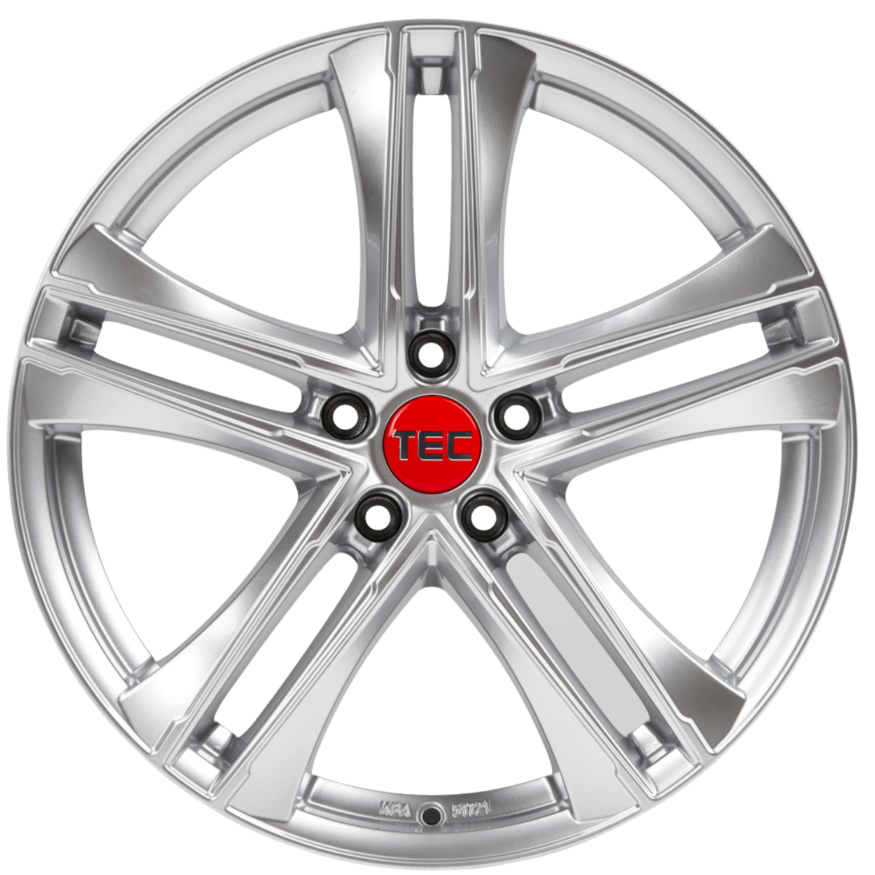 Silberne Auto-Felge aus einer Legierung mit fünf geteilten Speichen und roter TEC-Mittelkappe vor weißem Hintergrund