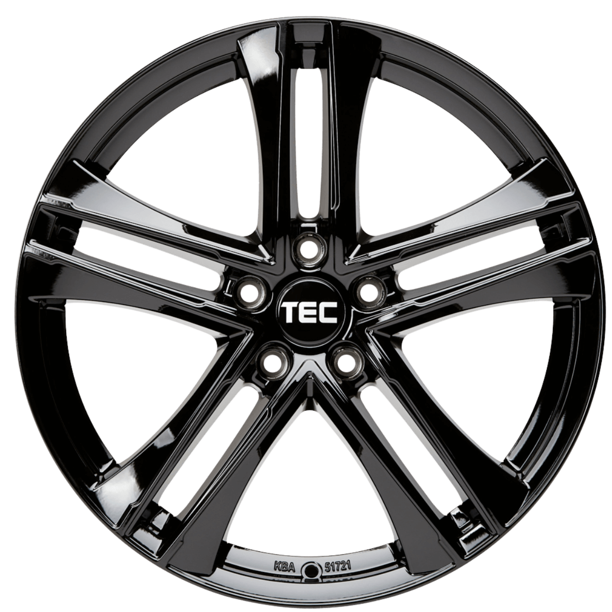 Glänzende schwarze TEC-Alufelge mit fünf Doppelspeichen und zentralem TEC-Logo auf weißem Hintergrund