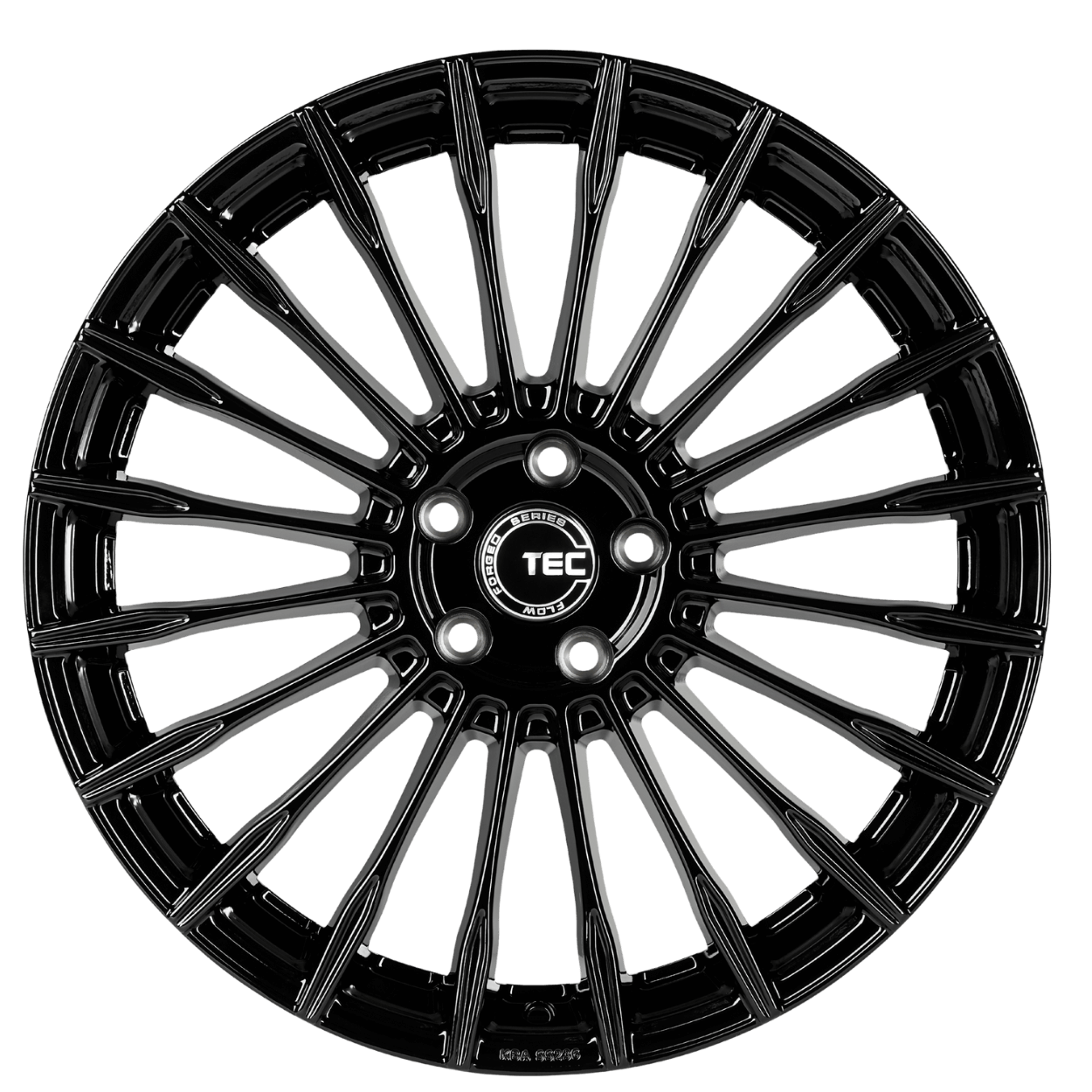 Schwarze mehrspeichige Alufelge mit TEC-Nabenkappe, von oben fotografiert auf weißem Hintergrund