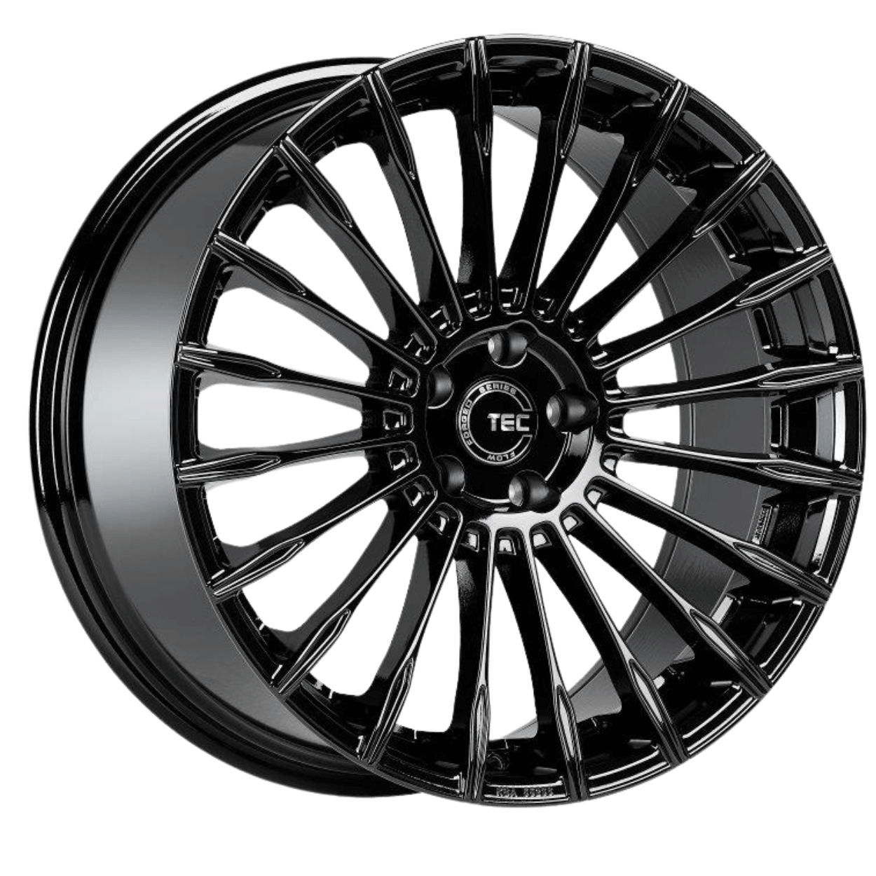Glänzende schwarze Alufelge mit mehreren Speichen und TEC-Logo in der Mitte vor weißem Hintergrund