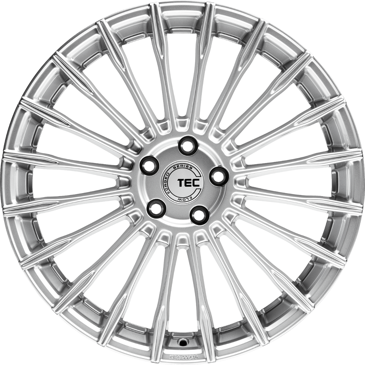 Silberne Flowforged-Alufelge im GT 5 Design mit mehrspeichigem Look und zentralem TEC Logo, von oben auf weißem Hintergrund betrachtet