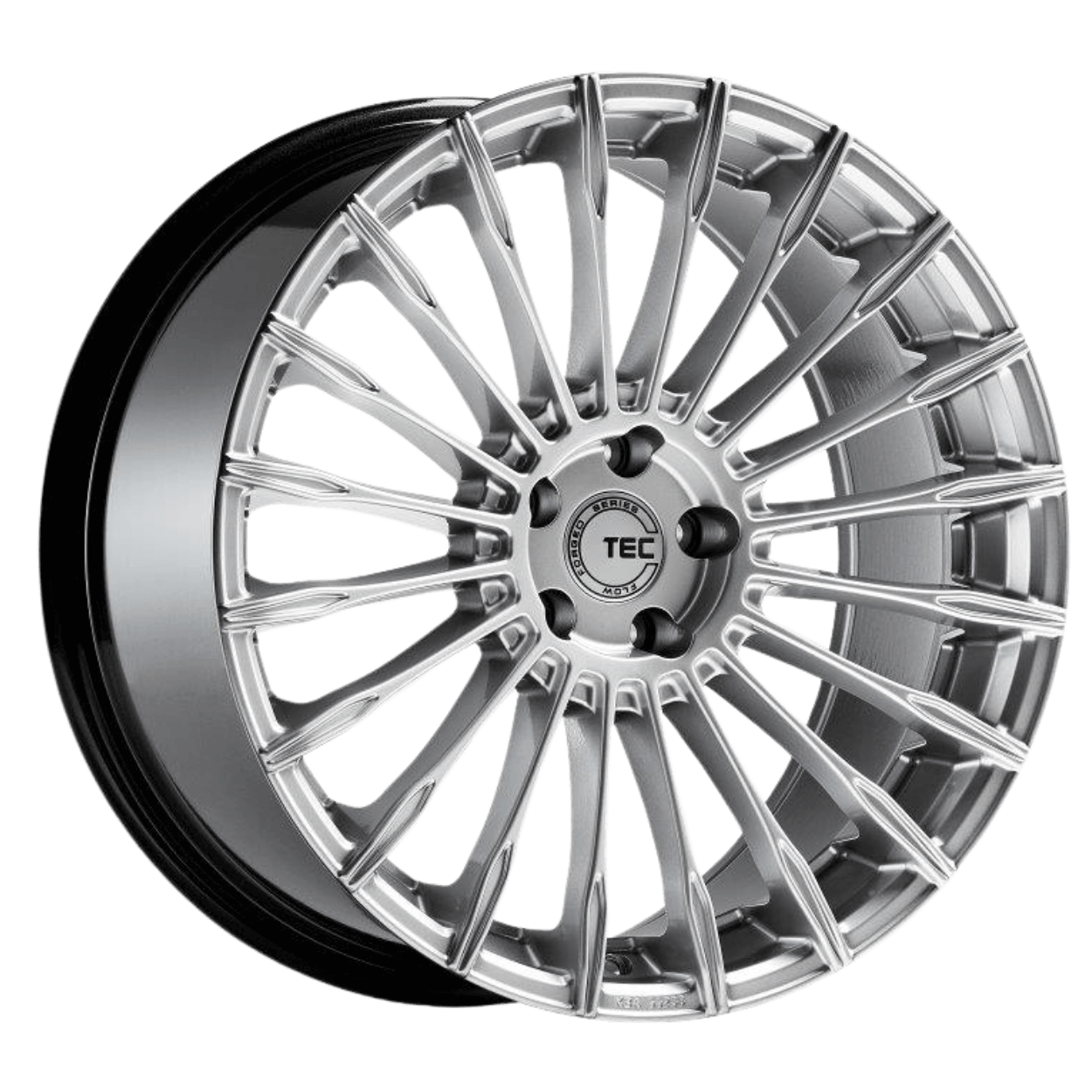 Silberne Flowforged Alufelge im GT 5 Design mit mehrspeichigem Muster und mittigem TEC Logo vor weißem Hintergrund