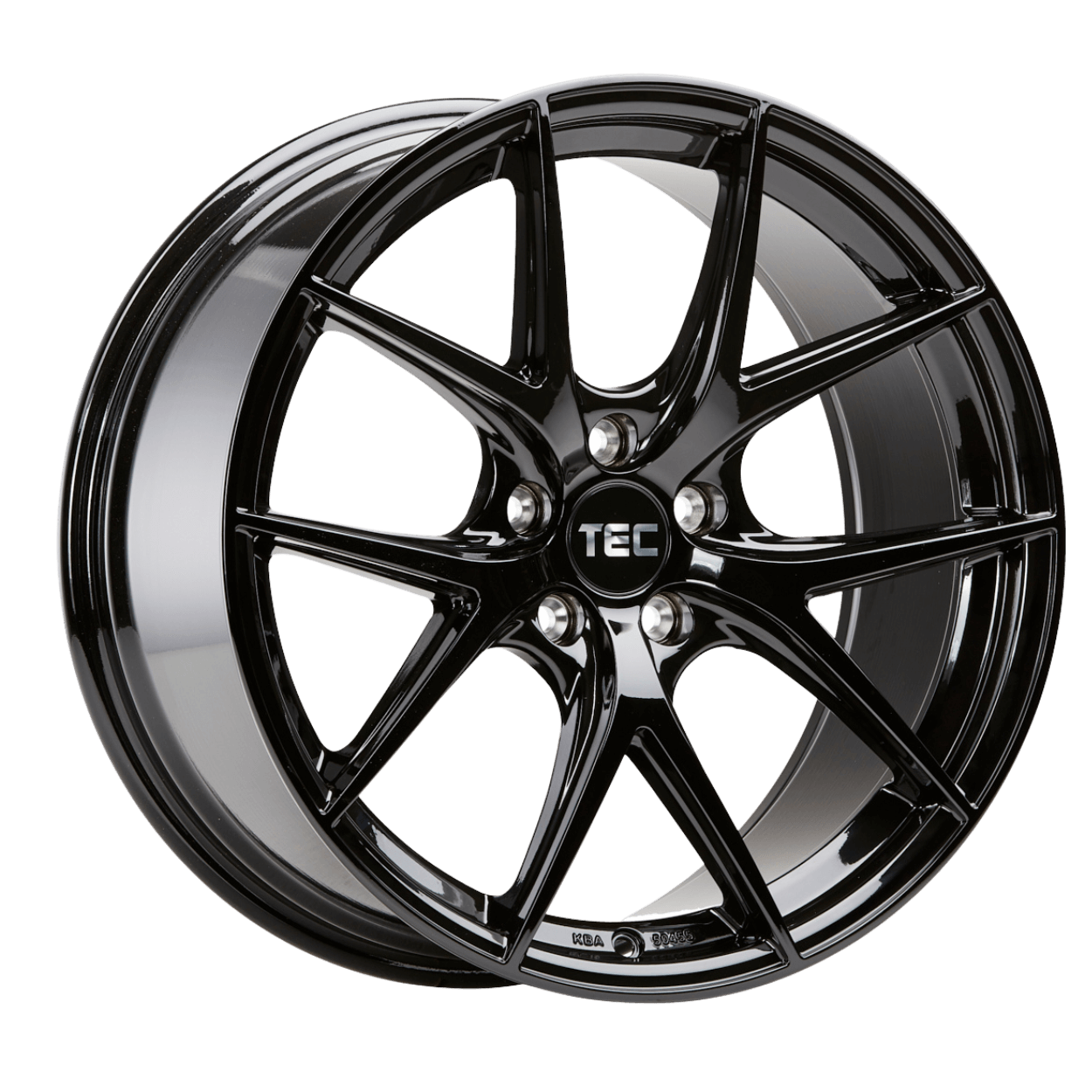 Glänzende schwarze Alufelge im Doppelspeichen-Design mit TEC-Logo in der Mitte vor weißem Hintergrund