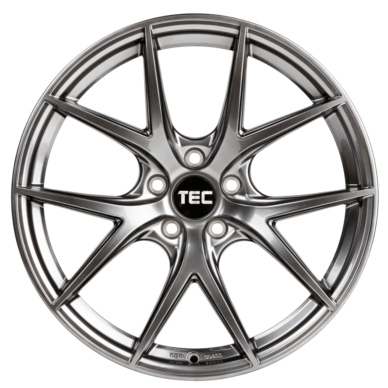 Eine silberne Alufelge mit fünffach doppeltem Speichendesign und TEC-Logo in der Mitte