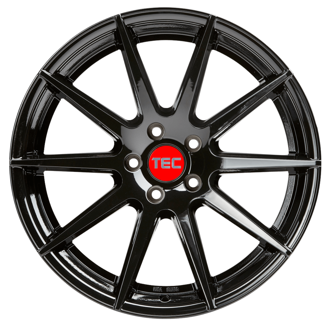Glänzende schwarze 10-Speichen-Alufelge mit roter Nabenkappe, auf der die weißen Buchstaben TEC zu sehen sind