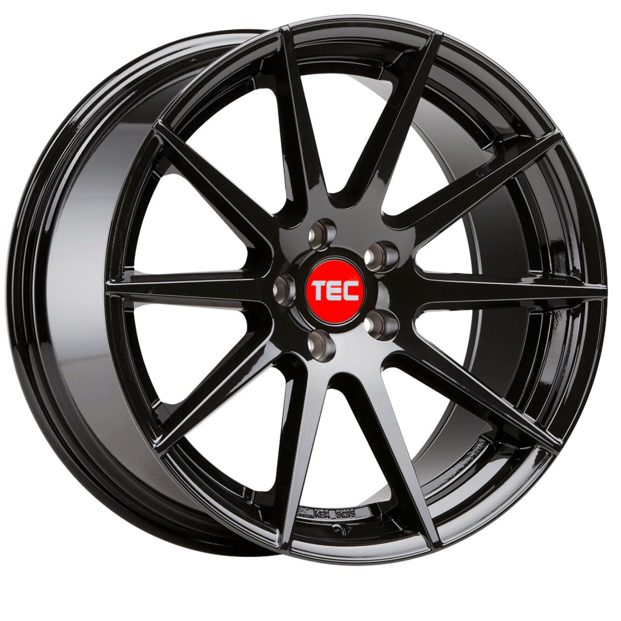 Glänzende schwarze Alufelge mit zehn Speichen und roter, mit TEC beschrifteter Nabenkappe auf weißem Hintergrund