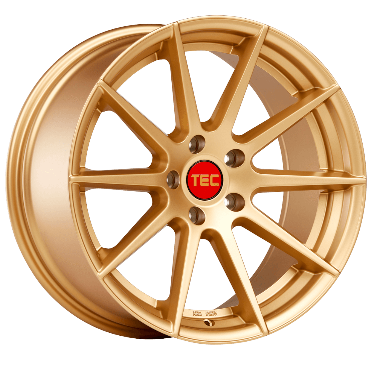 Goldfarbene Alufelge mit roter TEC-Nabenabdeckung, schräg dargestellt auf weißem Hintergrund