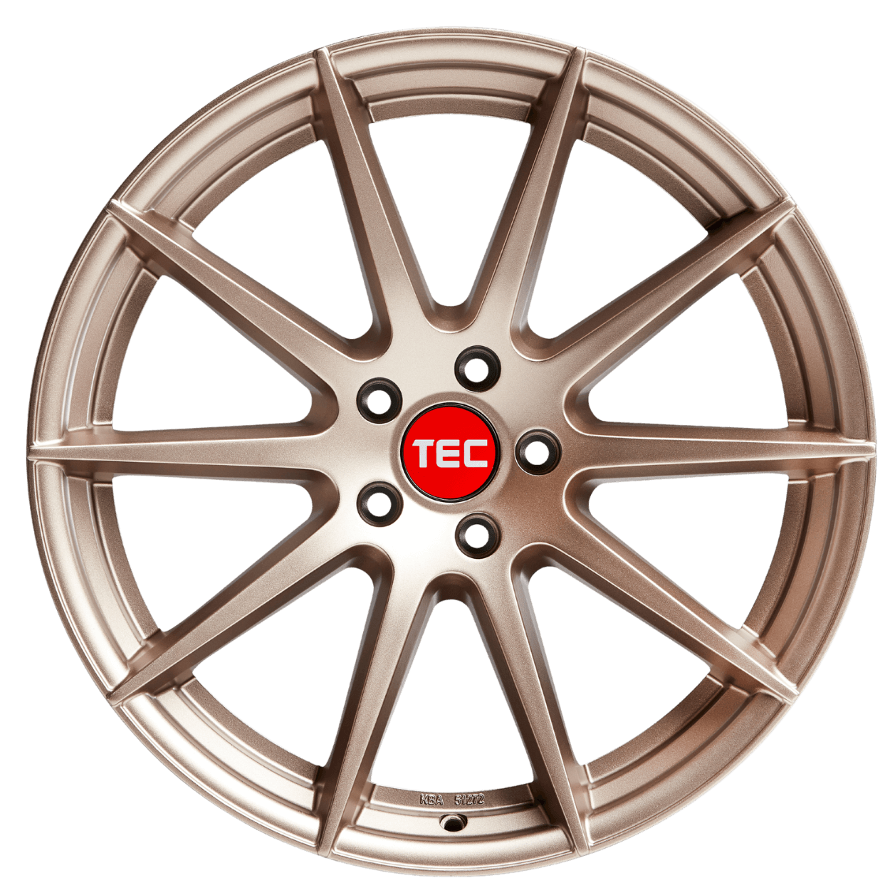 Eine bronzefarbene Autofelge aus Legierung mit roter Nabenkappe und weißem TEC-Schriftzug vor weißem Hintergrund