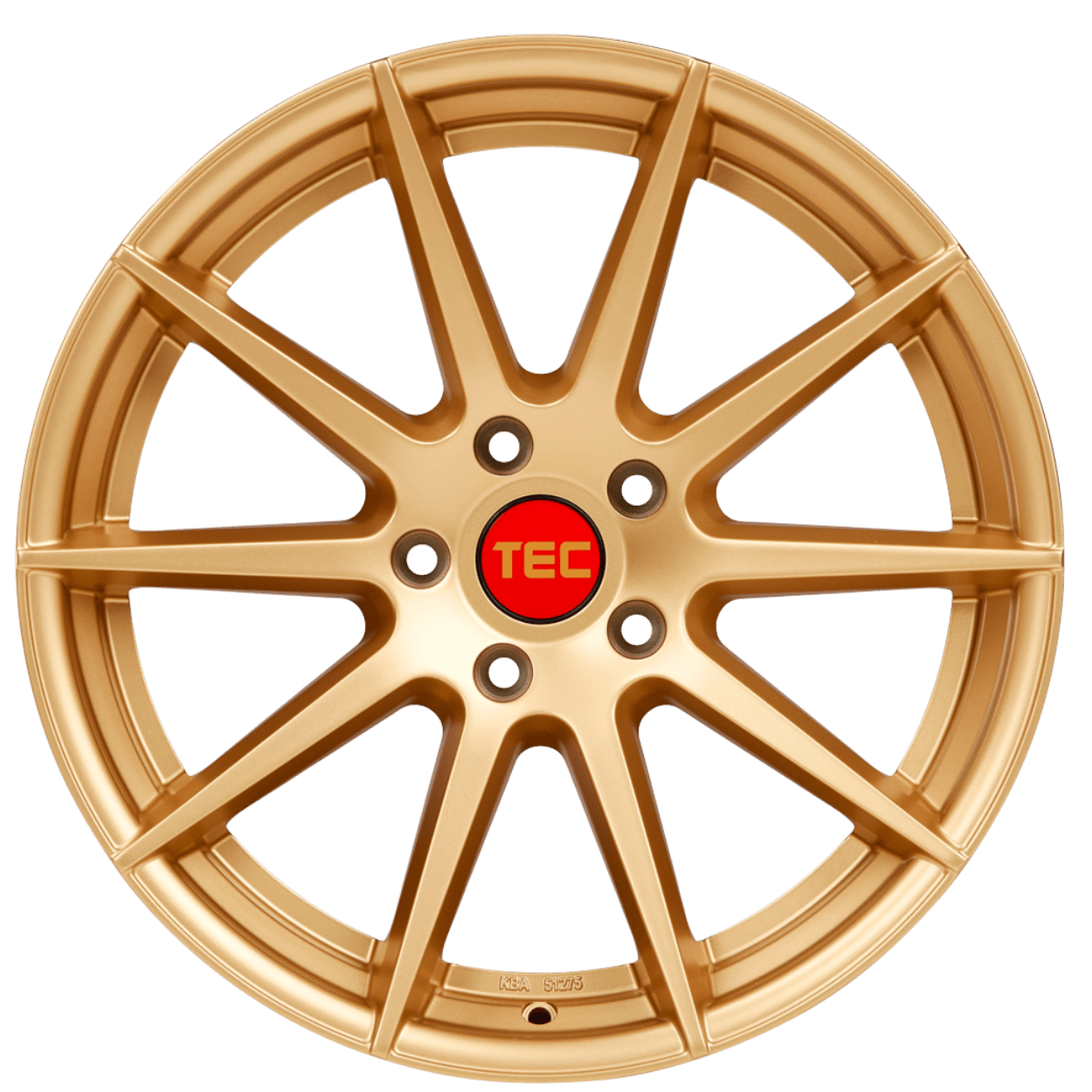 Goldene Alufelge mit zehn Speichen, roter Nabenkappe und TEC-Schriftzug auf weißem Hintergrund