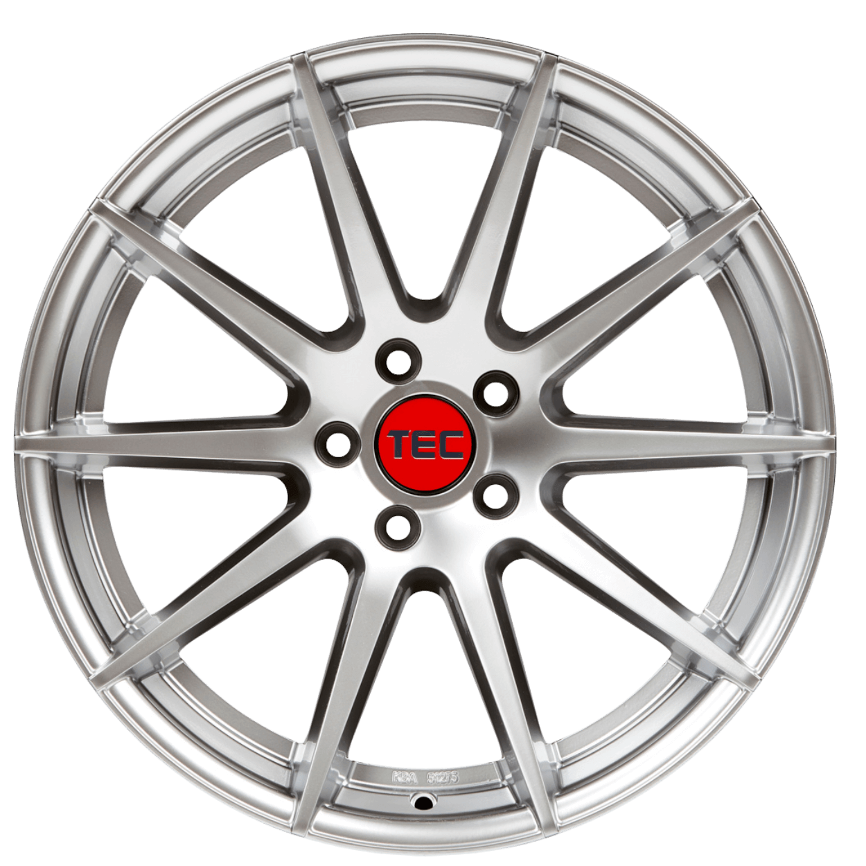 Silberne Leichtmetallfelge mit mehrspeichigem Design und roter Nabenkappe mit TEC-Aufschrift