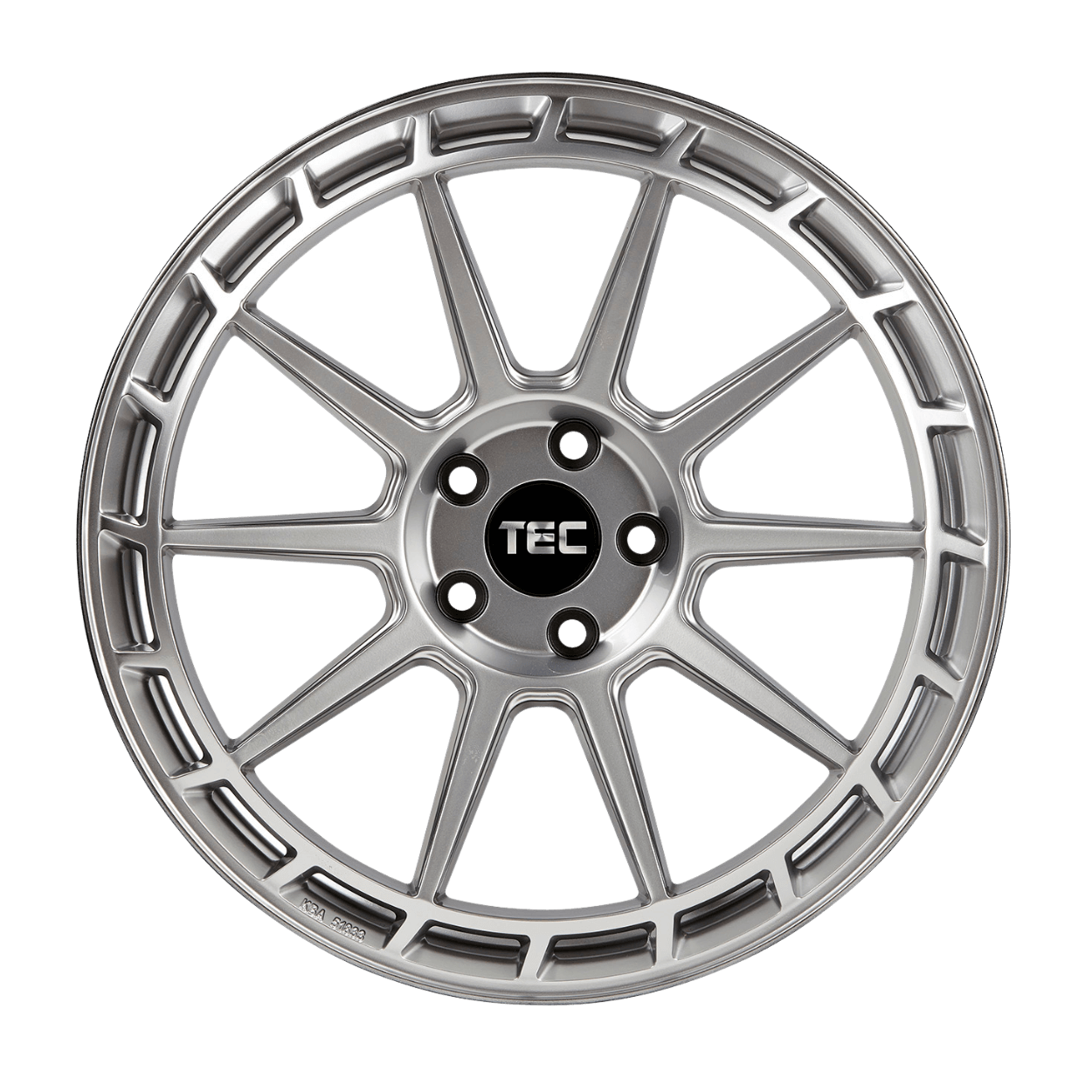 Silberne Alufelge mit Mehrspeichen-Design und TEC-Logo in der Mitte, von oben auf weißem Hintergrund betrachtet