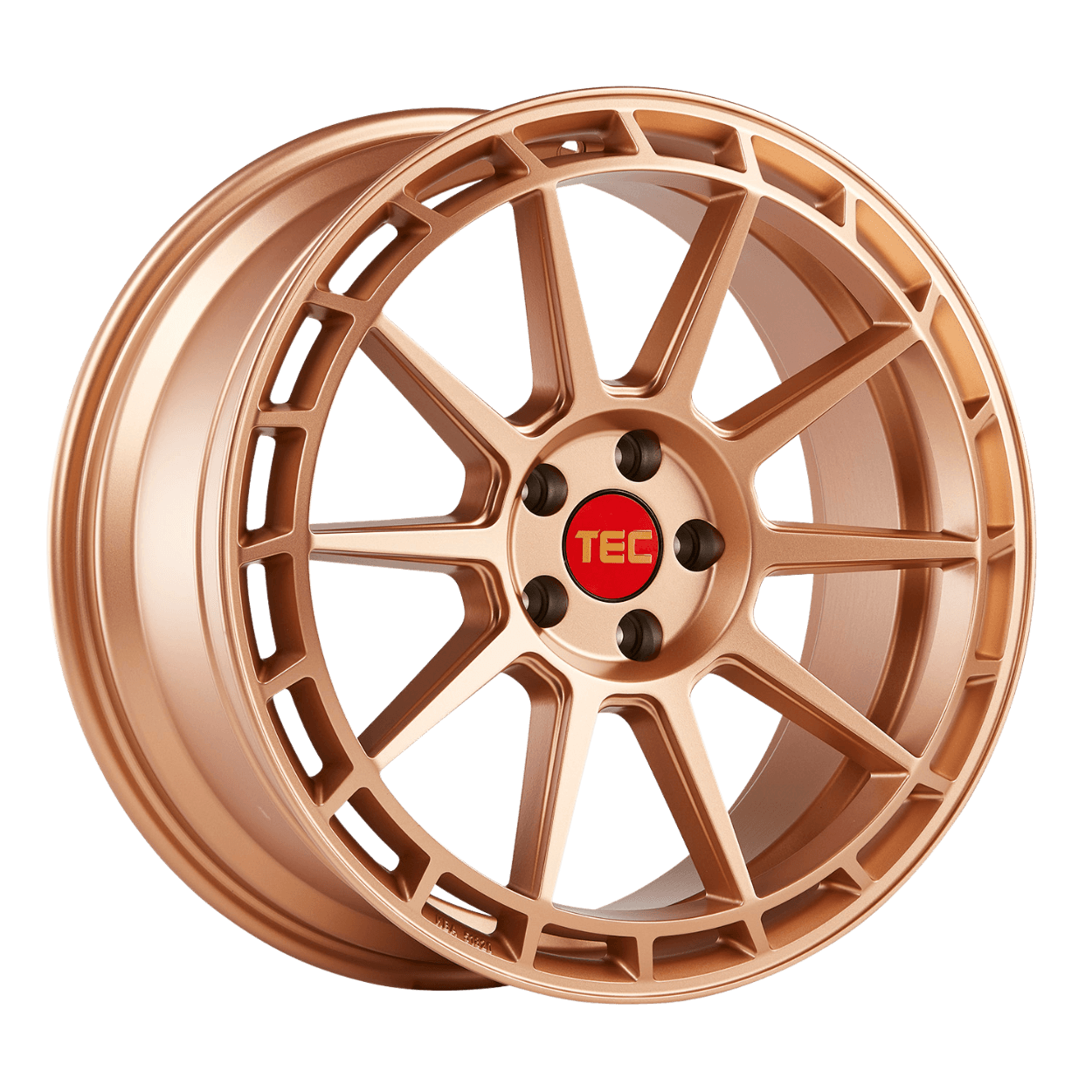 Bronzefarbene Alufelge mit Mehrspeichen-Design und roter TEC-Nabenkappe auf weißem Hintergrund