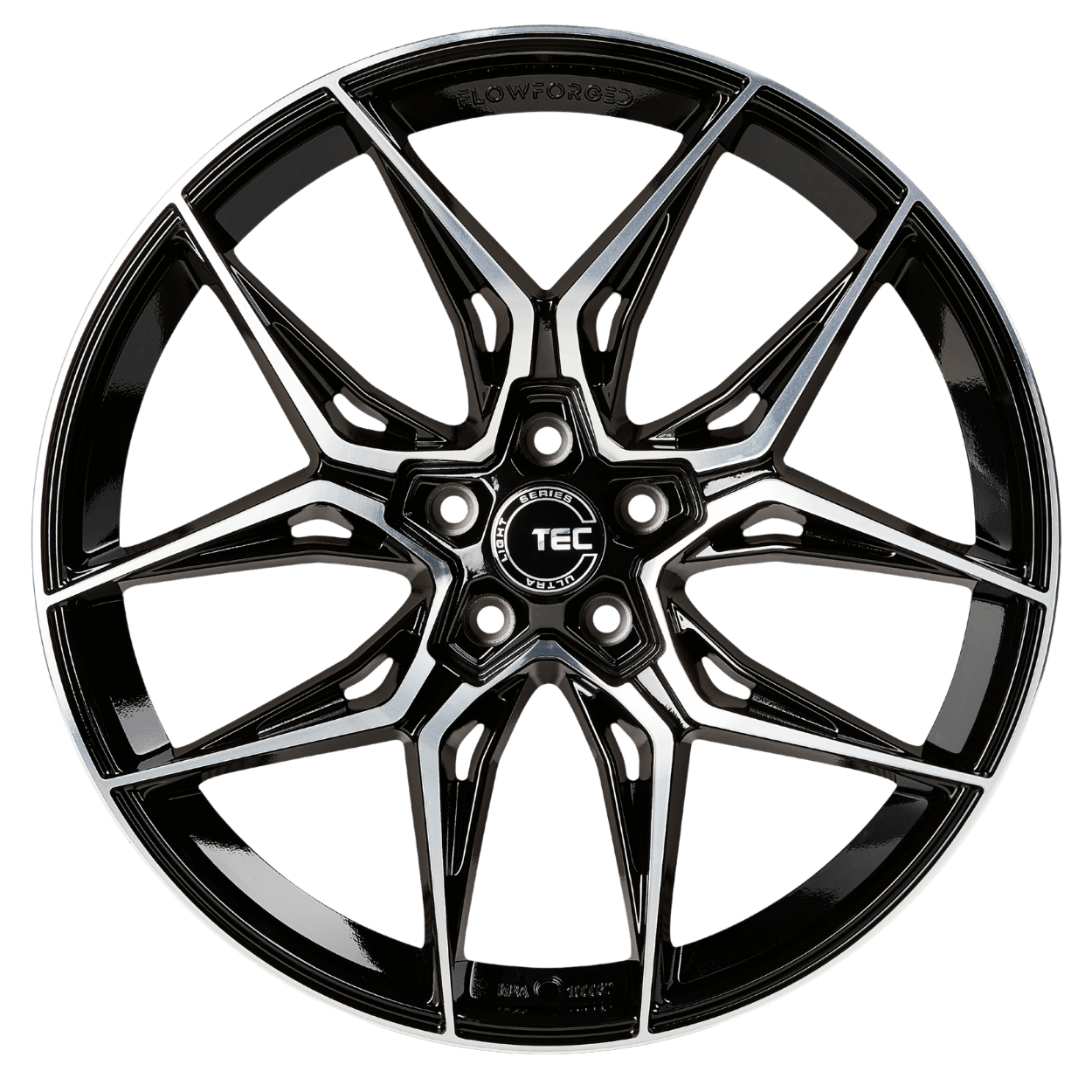 Schwarz-silberne GT9 Flowforged-Alufelge mit mehrspeichigem Design und TEC-Logo auf weißem Hintergrund