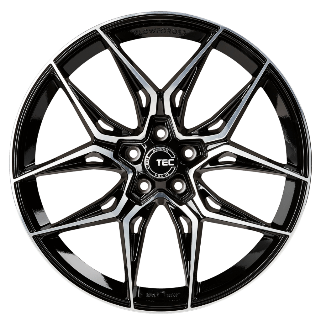 Schwarze und silberne GT 9 Flowforged Alufelge mit Mehrspeichendesign und TEC-Logo zentral, von oben vor weißem Hintergrund gesehen