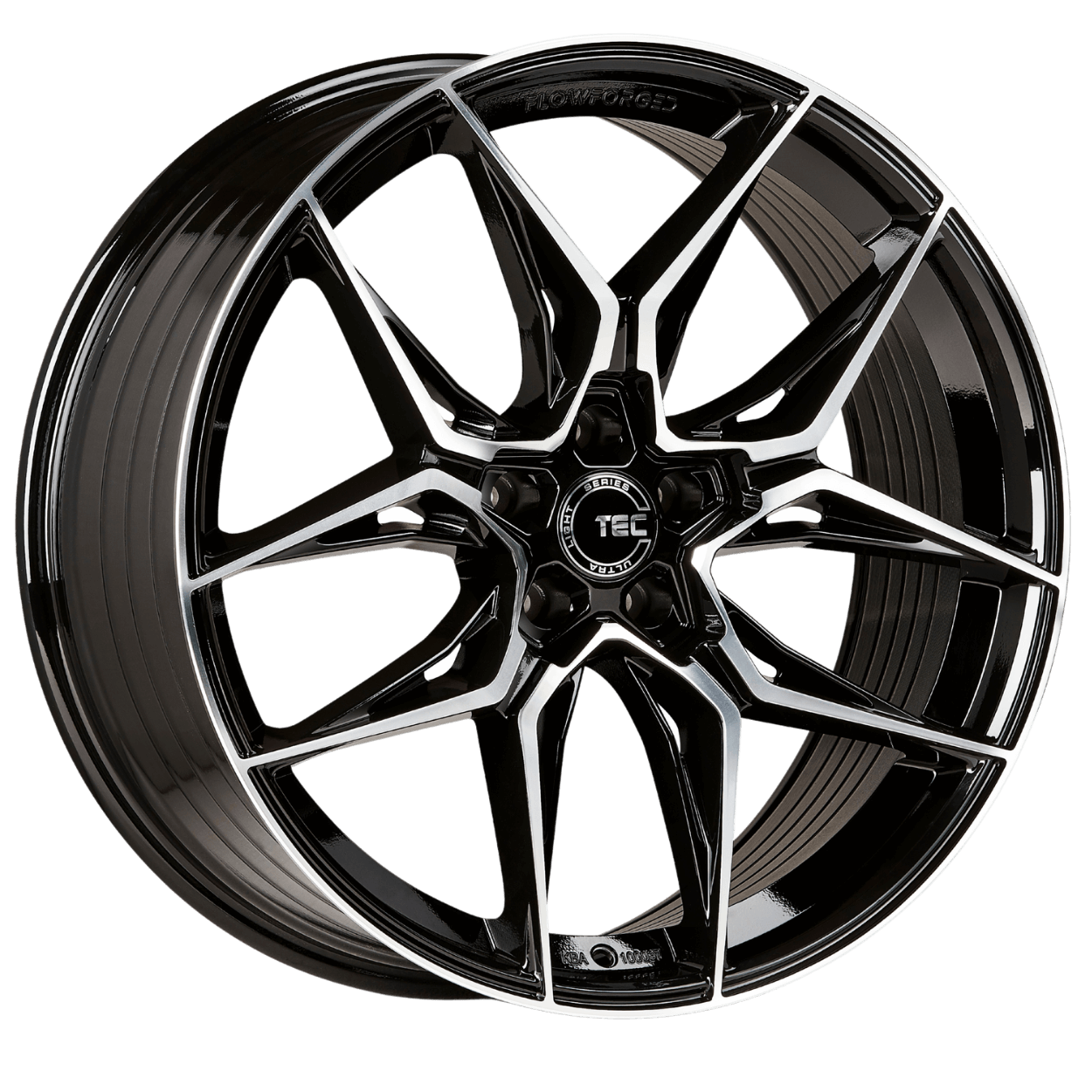 Eine glänzend schwarze und silberne GT 9 Flowforged Alufelge mit modernem Mehrspeichendesign vor weißem Hintergrund