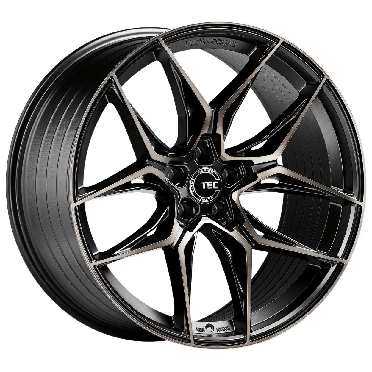 Schwarze Flowforged GT 9 Alufelge mit mehrspeichigem Design und silbernen Akzenten vor weißem Hintergrund