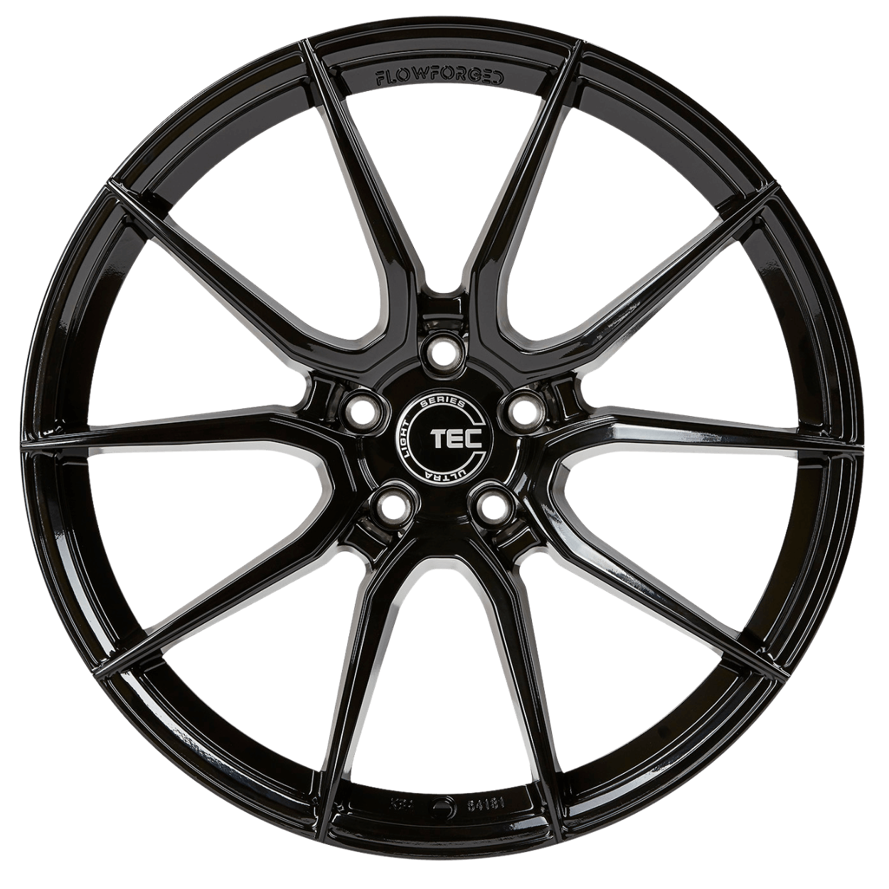 Glänzende schwarze Flowforged-Alufelge mit Mehrspeichen-Design im GT-Race-Stil auf weißem Hintergrund