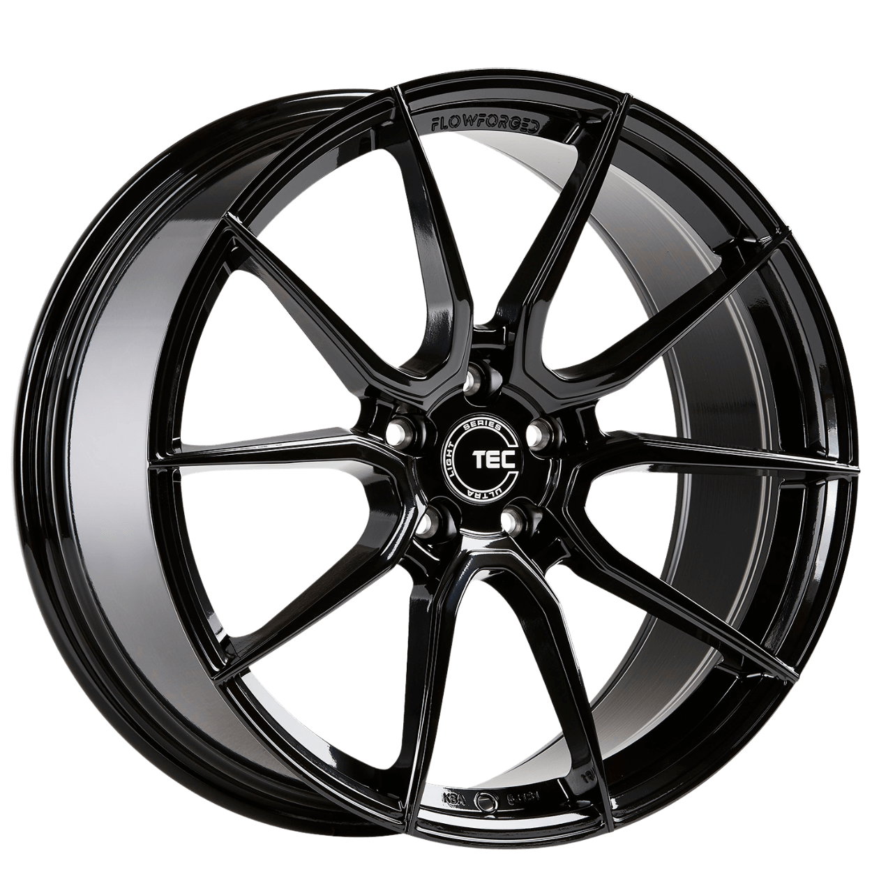 Eine glänzend schwarze, flowforged Mehrspeichen-Alufelge mit TEC-Logo in der Mitte auf weißem Hintergrund