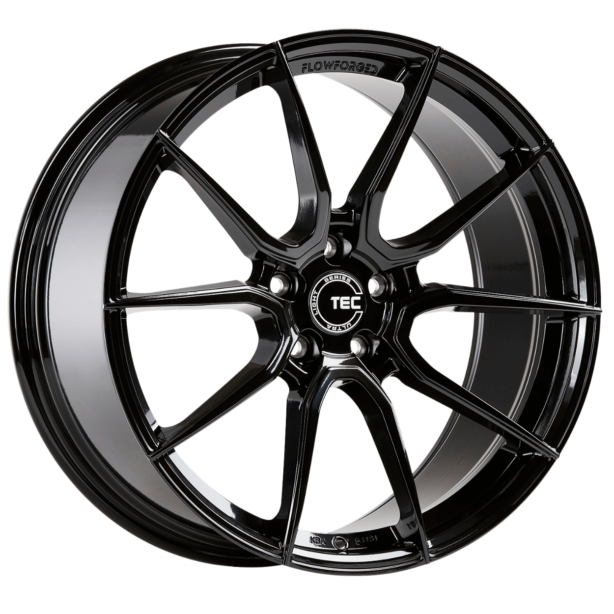Glänzende schwarze Mehrspeichen-Alufelge im GT Race Stil mit TEC Speedwheels Nabenkappe und FLOWFORGED Schriftzug auf dem Rand