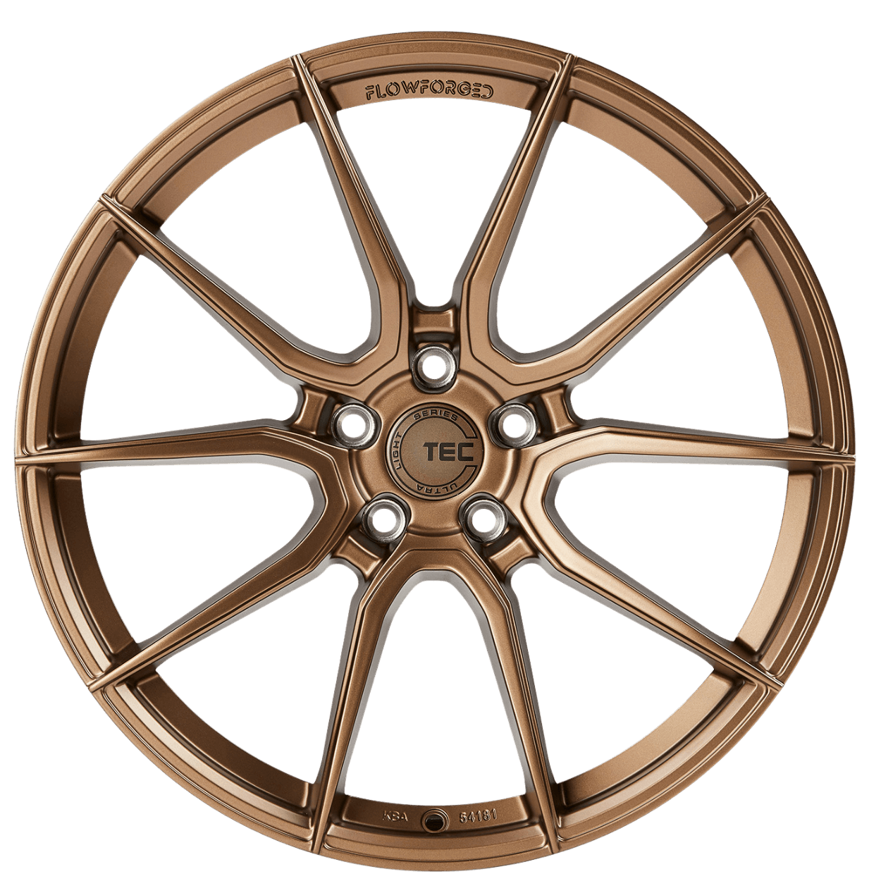 Bronzefarbene, mehrspeichige GT-Rennradfelge mit TEC-Logo in der Mitte und FLOWFORGED Gravur am oberen Rand