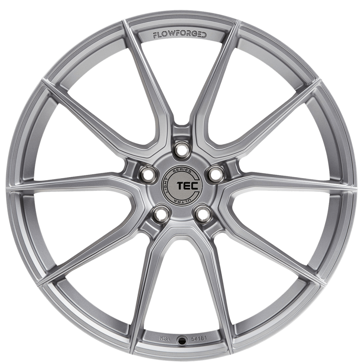 Silberne, mehrspeichige Flowforged-Alufelge mit TEC-Logo in der Mitte, entwickelt für den Einsatz im GT-Rennsport