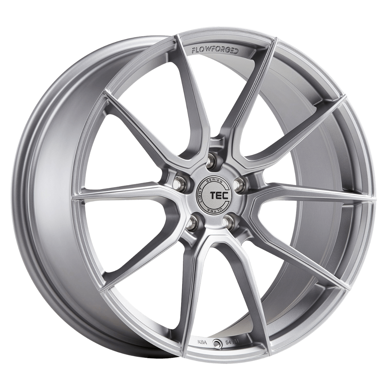 Silberne Alufelge mit Mehrspeichendesign, an der Innenseite mit GT Race und FLOWFORGED beschriftet