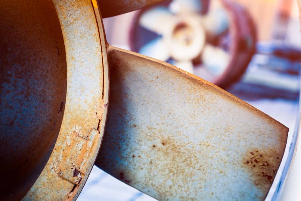 Im Vordergrund ein rostiges Metall-Propellerblatt, im Hintergrund ein unscharfer Propeller und der Text "automatisch gespeicherter Entwurf".